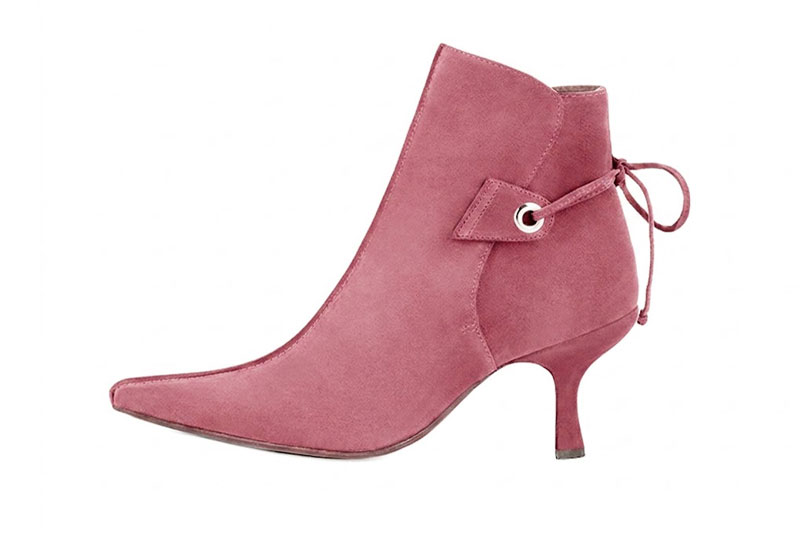 Dress ankle boots back laces in carnation pink leather with high slim heels and pointed toe - Profile view